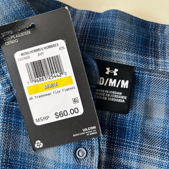 Under Armour Men's Slim Tradesman Flex Flannel Button Down Size Medium New Blue - Picture 5 of 8